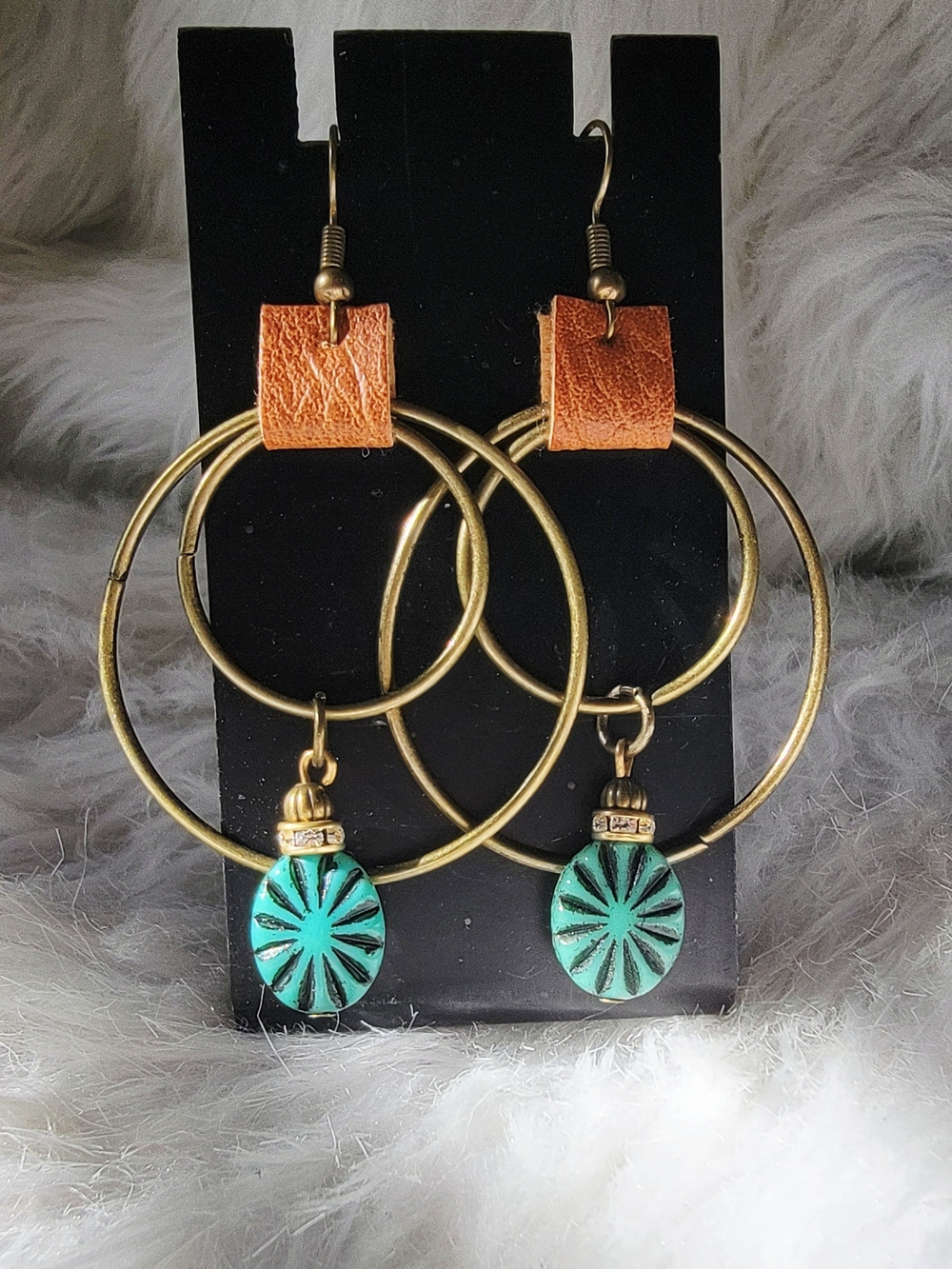 Handmade Boho Turquoise Drop Hoop Earrings with Brown Leather Accent